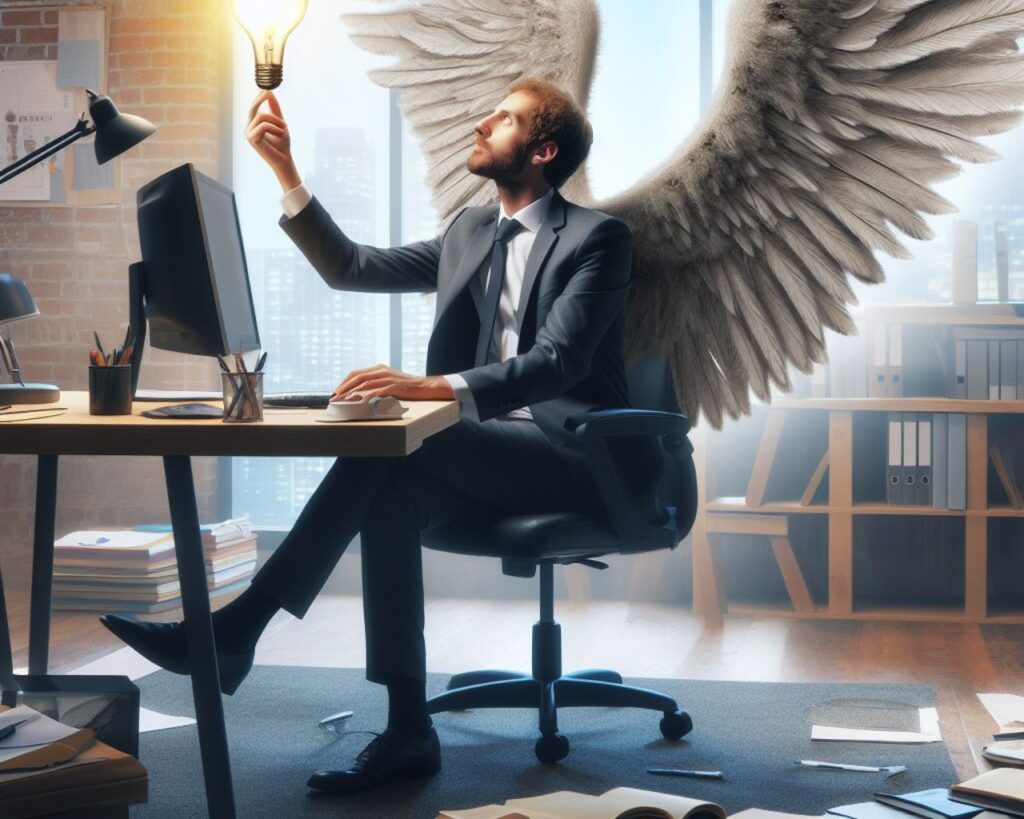 Person in office with wings