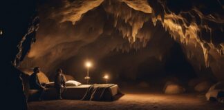 People by the bed in cave hibernating