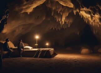 People by the bed in cave hibernating