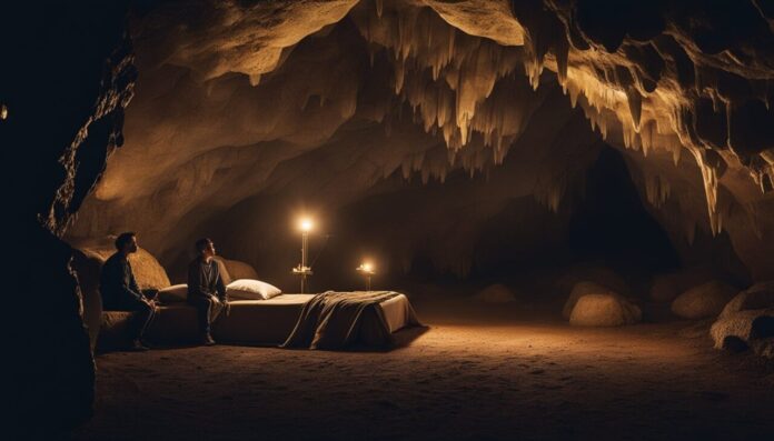 People by the bed in cave hibernating