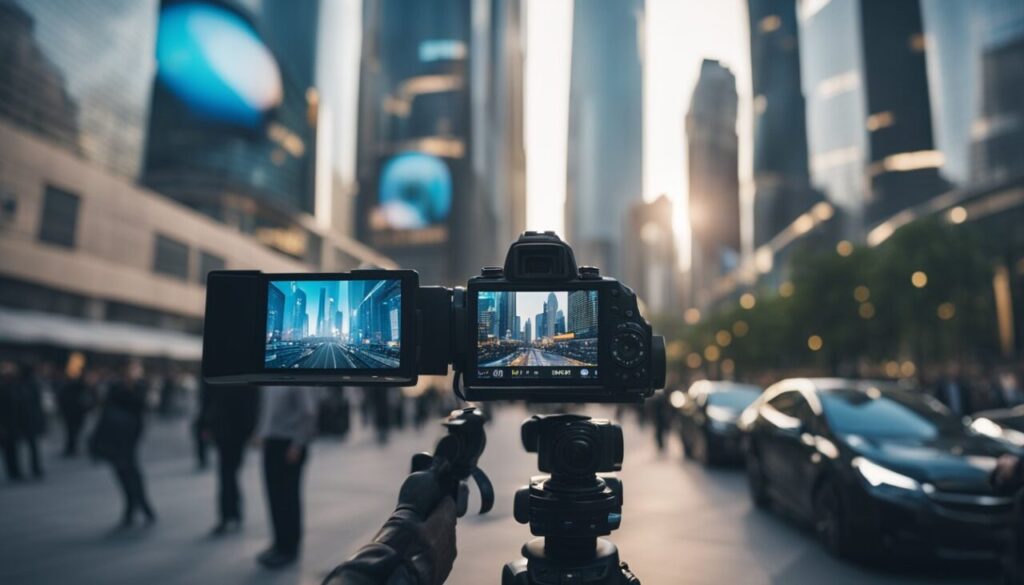 Someone holding camera filming futuristic city