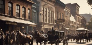 People, horses and cartridges in the street in 19th century