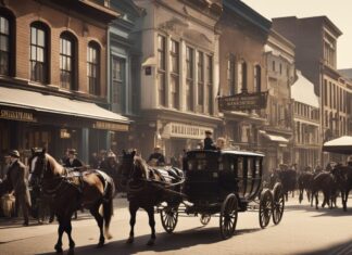 People, horses and cartridges in the street in 19th century