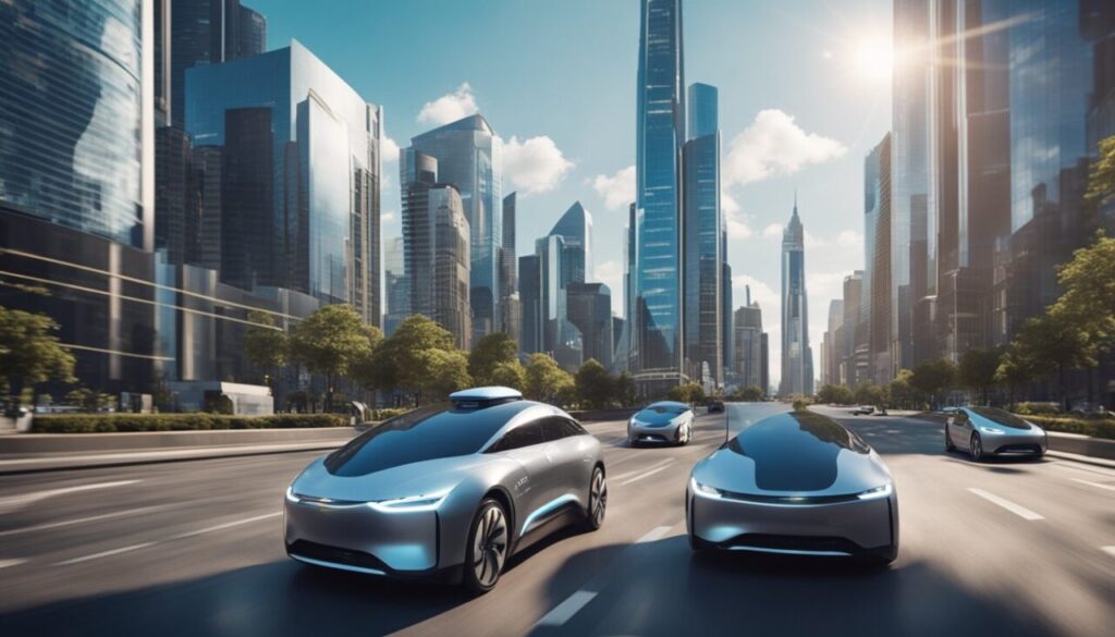 Self driving cars in the middle of the futuristic city and street
