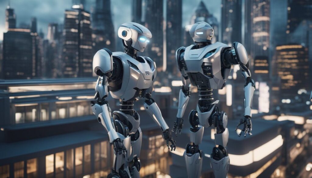 Two smart robots standing