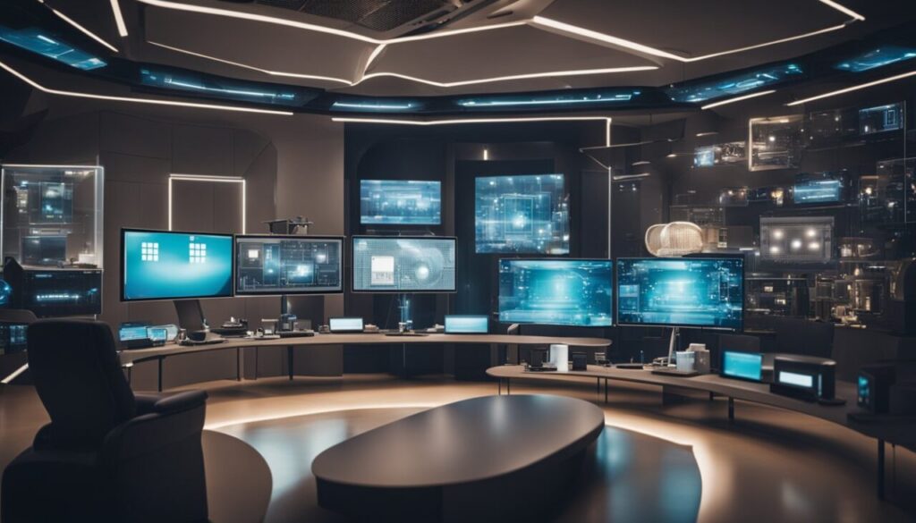 Room full of modern computers and monitors
