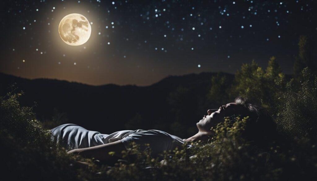Human laying in nature with moon in background