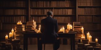 Philosopher sitting at the table with books and candles