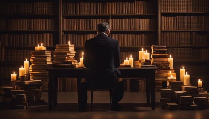 Philosopher sitting at the table with books and candles