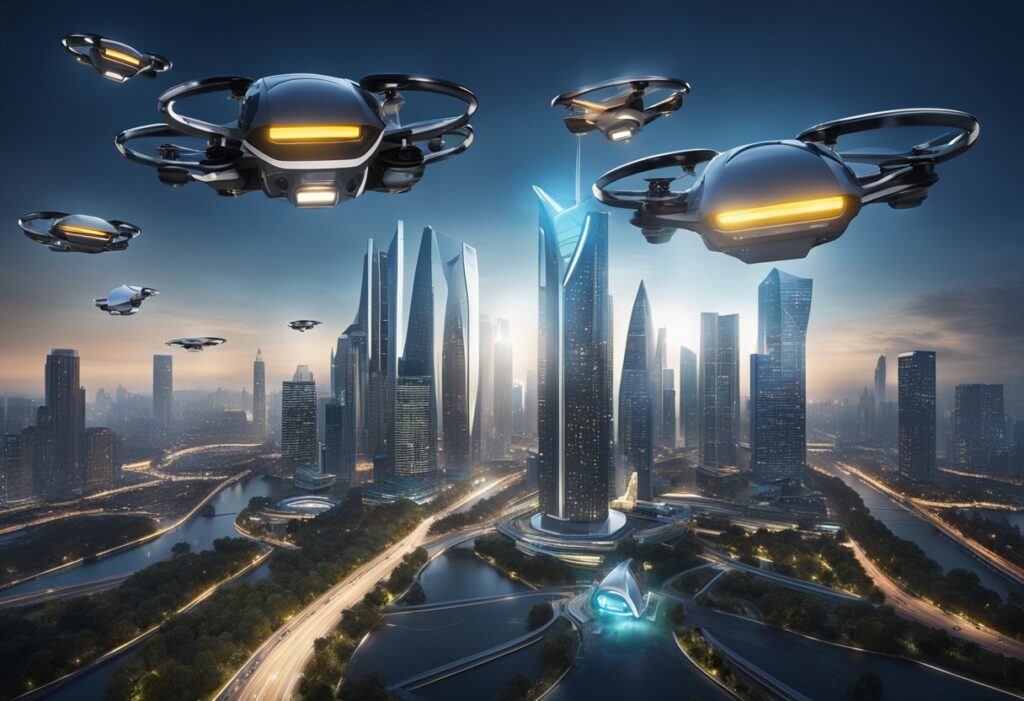 Drones flying in futuristic city