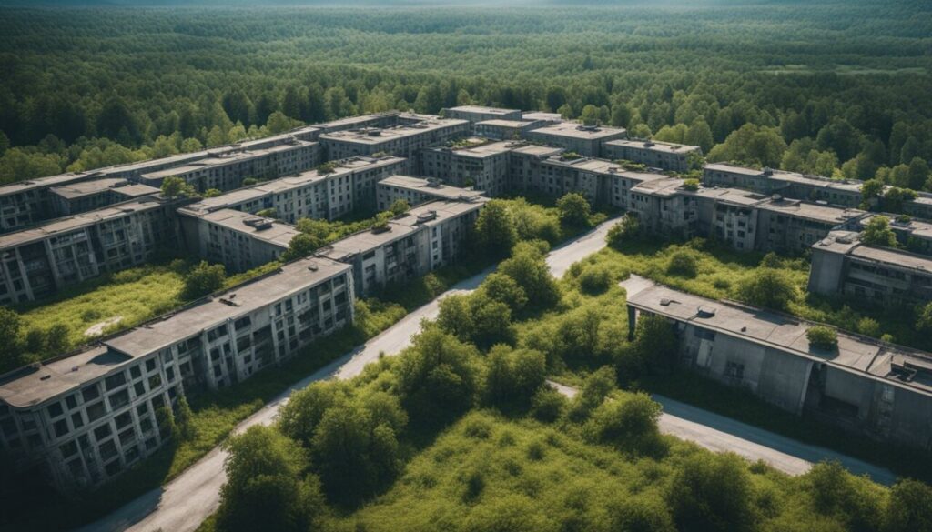 Abandoned buildings covered with trees