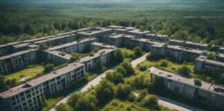 Abandoned buildings covered with trees