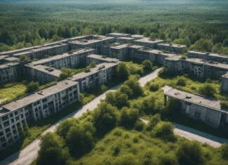 Abandoned buildings covered with trees