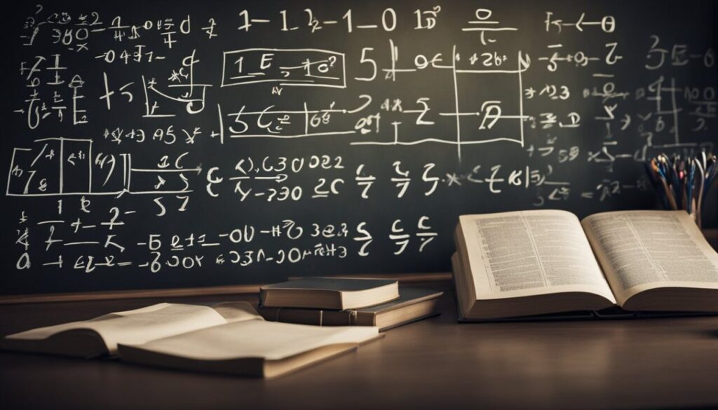 Black math board with complex equations and books