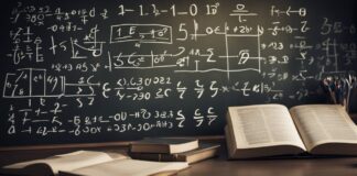 Black math board with complex equations and books