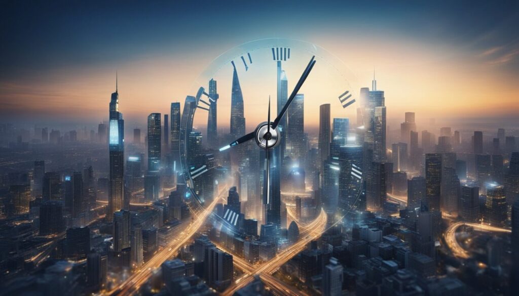 City of the future with time clock over the whole screen