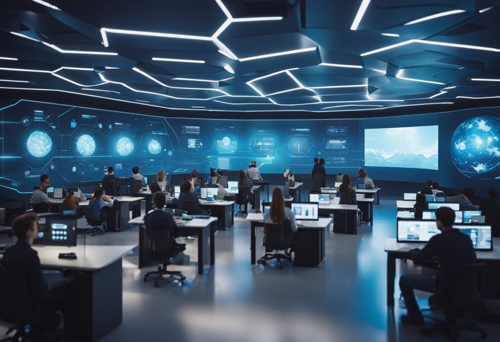 Modern futuristic classroom with blue lights and computer