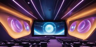 Futuristic cinema with pink and blue lights