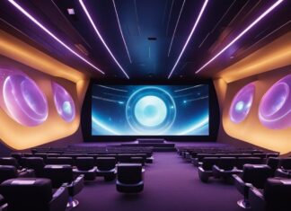 Futuristic cinema with pink and blue lights