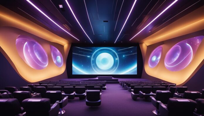 Futuristic cinema with pink and blue lights