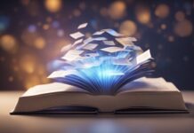 Big fat open book with cards flying out of it