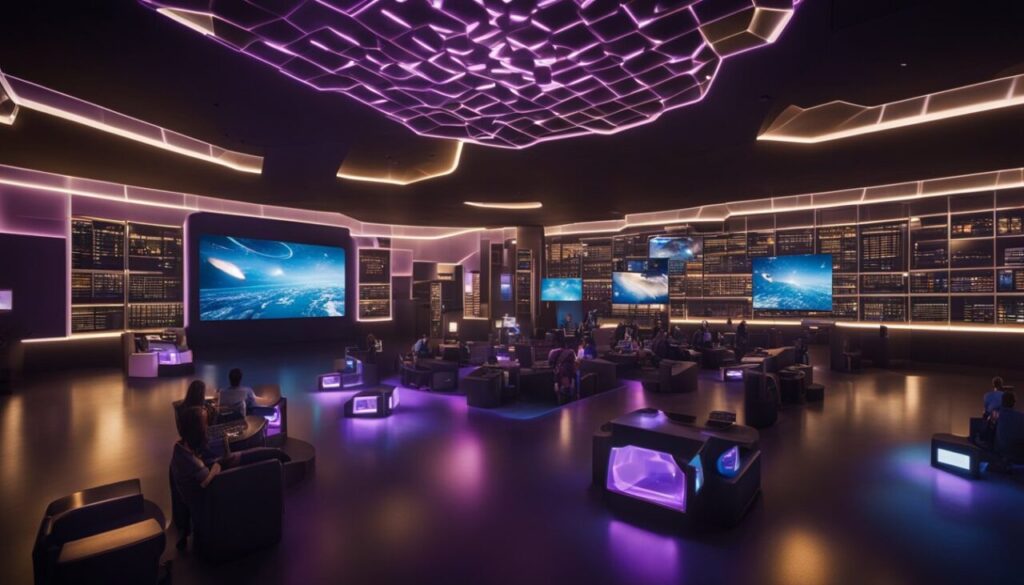 Futuristic room full of different screens and dark pink lights