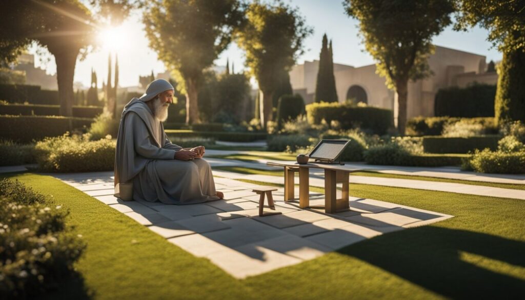 Pythagoras sitting in garden