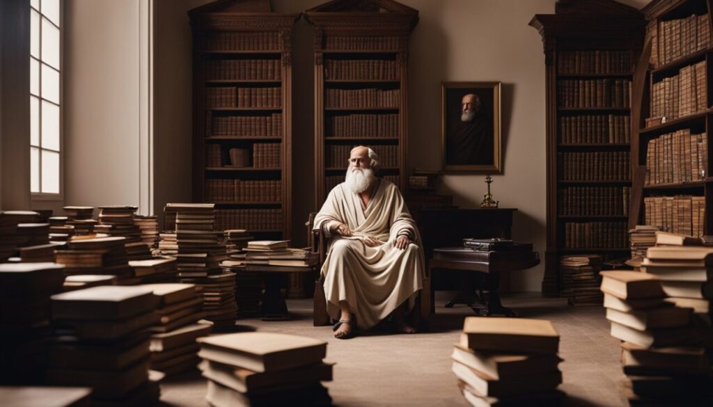 Socrates sitting in some room looking like library