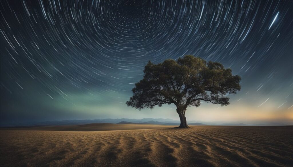 Tree at night and universe spinning