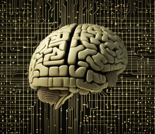 Golden yellow brain with chip circuit in background