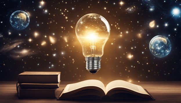 Lightning bulb in front of many books in universe