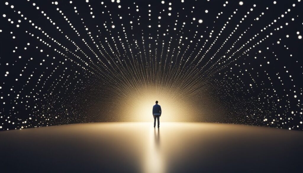 Person standing in the middle of light surrounded by darkness and small lights