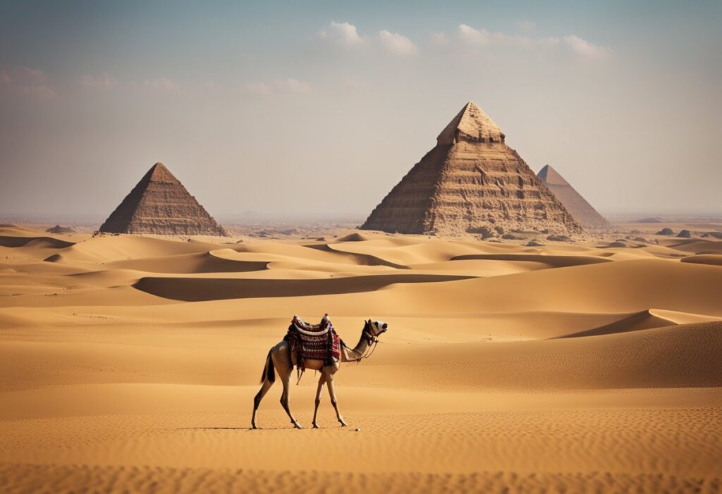 Camel in front of pyramids in Egypt