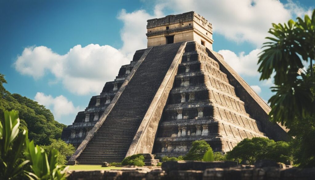 Myan pyramid with clouds in the background