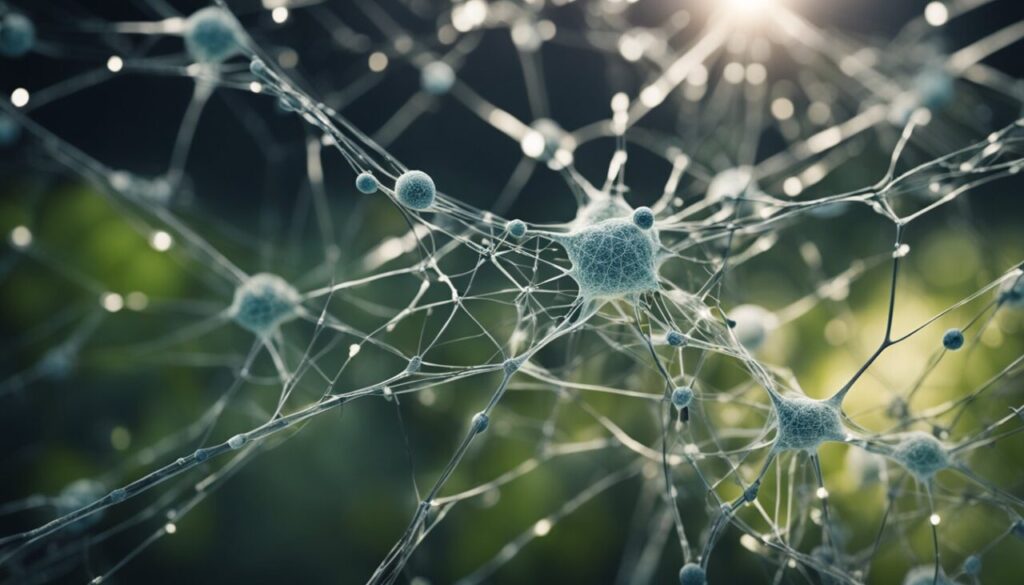 Close up of grey neurons on green background