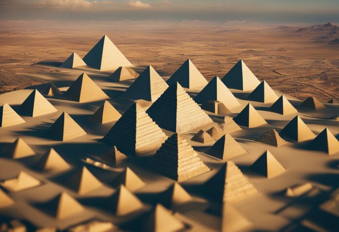 Aerial view of dozens of pyramids