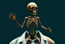 Skeleton rising from the neck of human with green suit