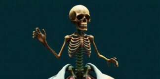 Skeleton rising from the neck of human with green suit