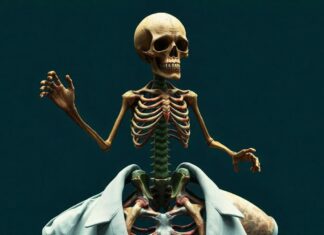 Skeleton rising from the neck of human with green suit