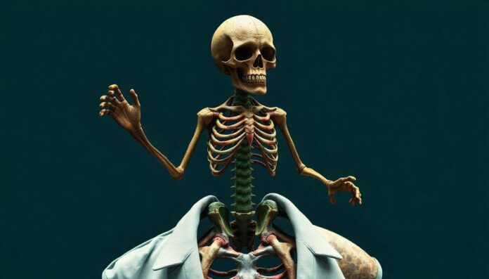 Skeleton rising from the neck of human with green suit