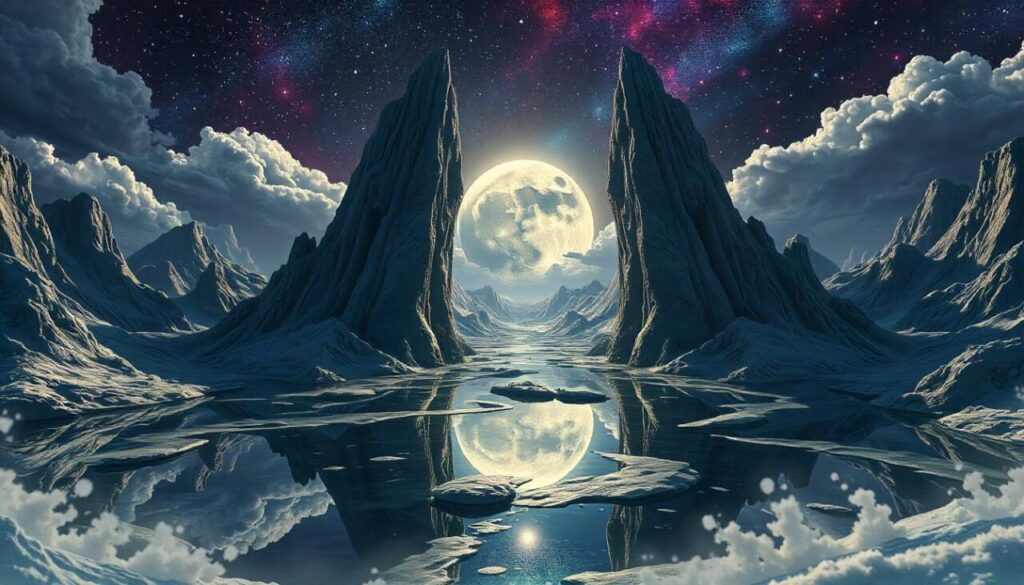 Illustratin of mountains and moon