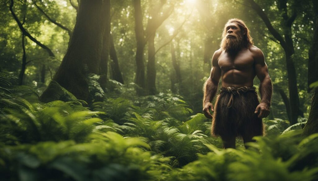 Homo neanderthal standing in the forest