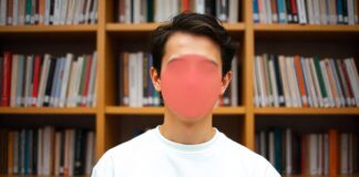 Person standing in library and his face covered blurred in red color