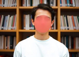 Person standing in library and his face covered blurred in red color