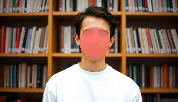 Person standing in library and his face covered blurred in red color