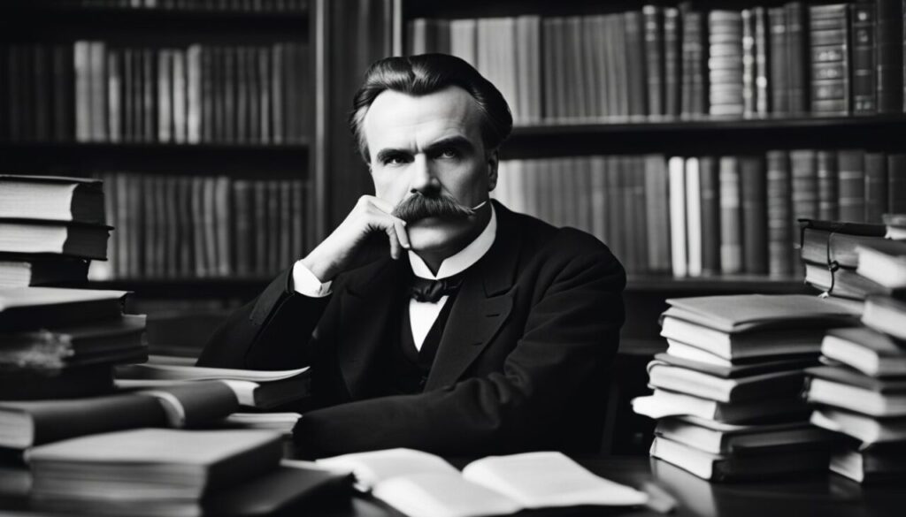 Friedrich Nietzche in library