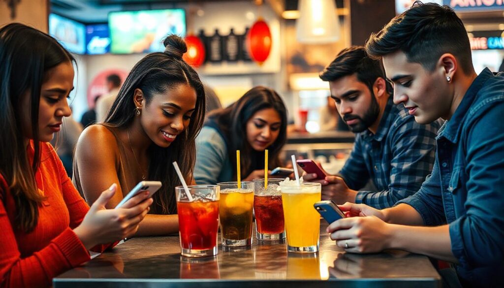 People in a bar all looking at their mobile phones