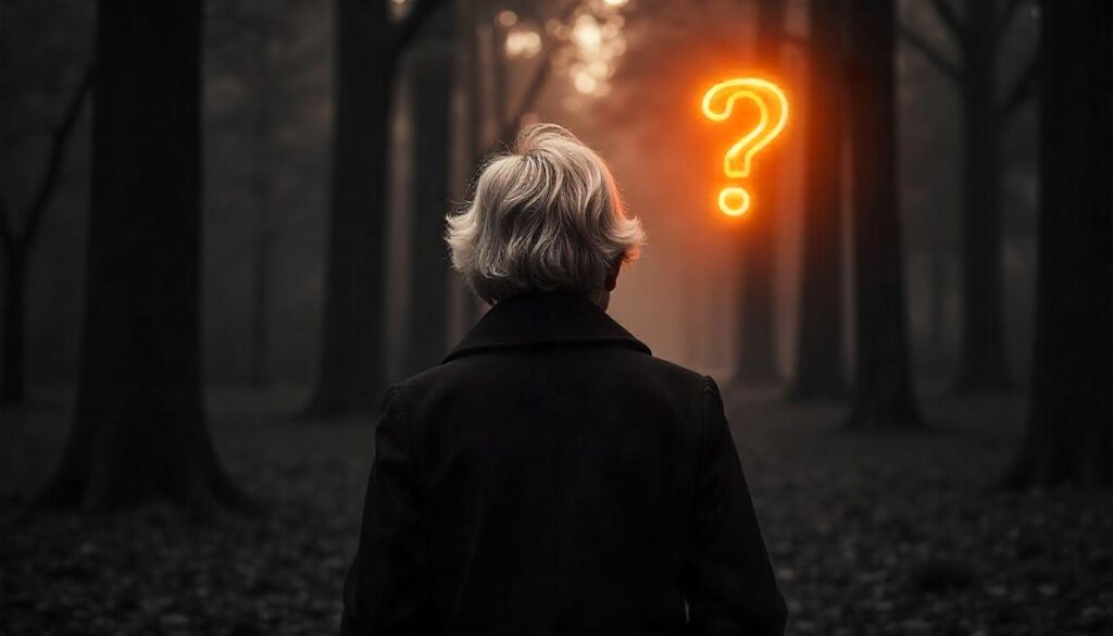 Person from behind in woods with question mark