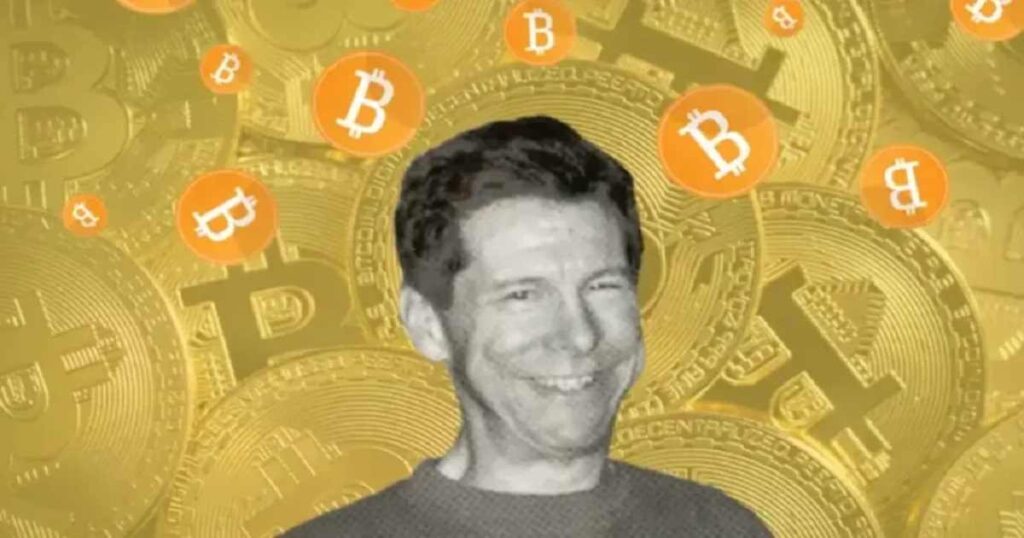 Hal Finney with Bitcoin in background