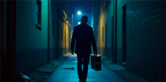 Person in dark alley carying briefcase with Bitcoin sign